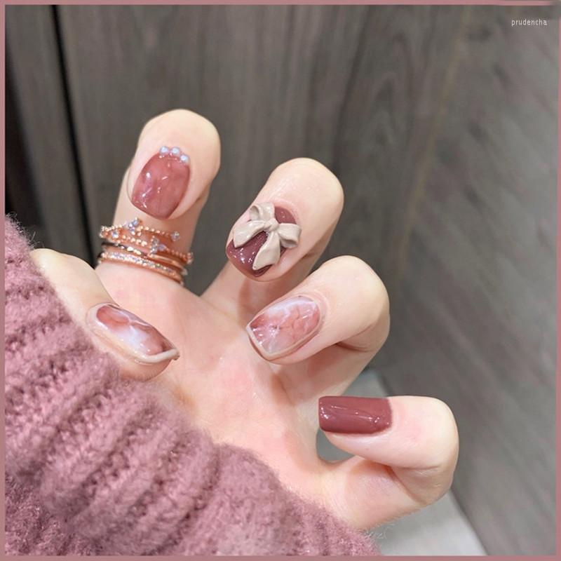 

False Nails 24Pcs Nude Color Nail Tips Women Wearable Fake Press On With Diamond Short Round Full Cover Artificial Glue Prud22