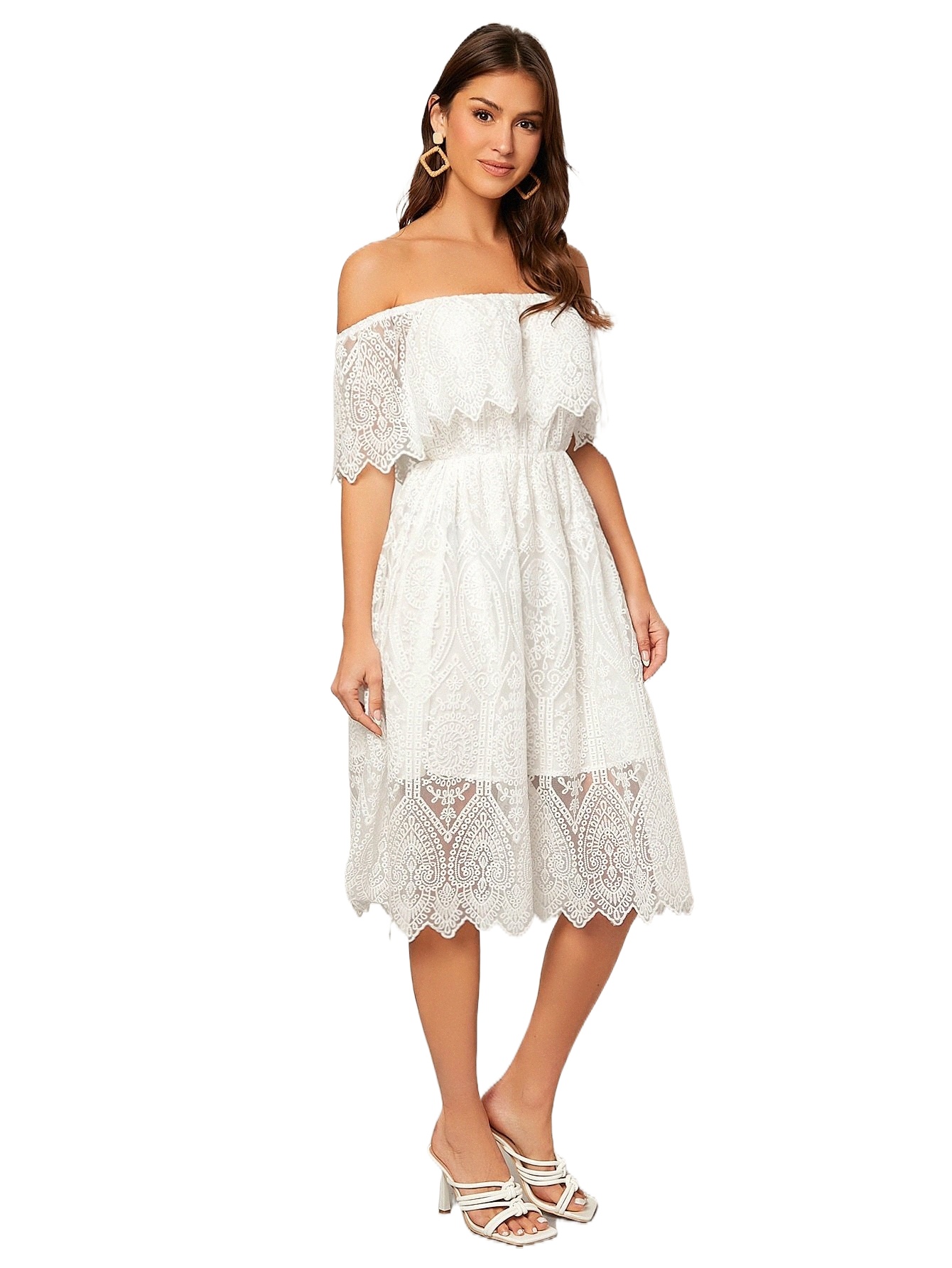 

off Shoulder Scallop Trim Embroidery Mesh Dress D4vd#, White