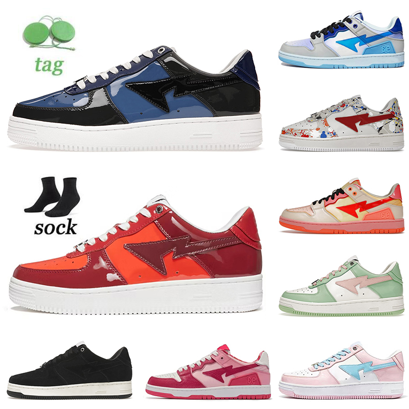 

With Socks Fashion Designer Sta SK8 Casual Shoes Women Mens Bapesta trainers Patent Leather Camo Beige White Black Grey Bapestas Platform Sneakers Size 36-45, B12 pink suede