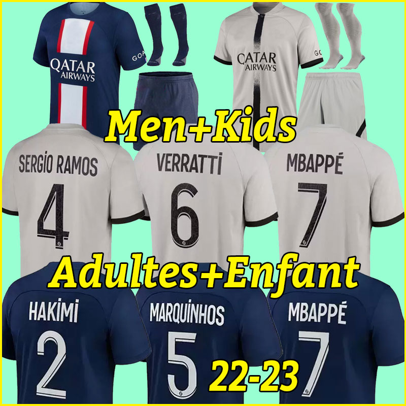 

maillot de foot HAKIMI MBAPPE 2022 2023 soccer jersey WIJNALDUM aldult men kids football shirt set uniform 22 23 psgs SERGIO RAMOS Full set KITs socks VERRATTI, Home