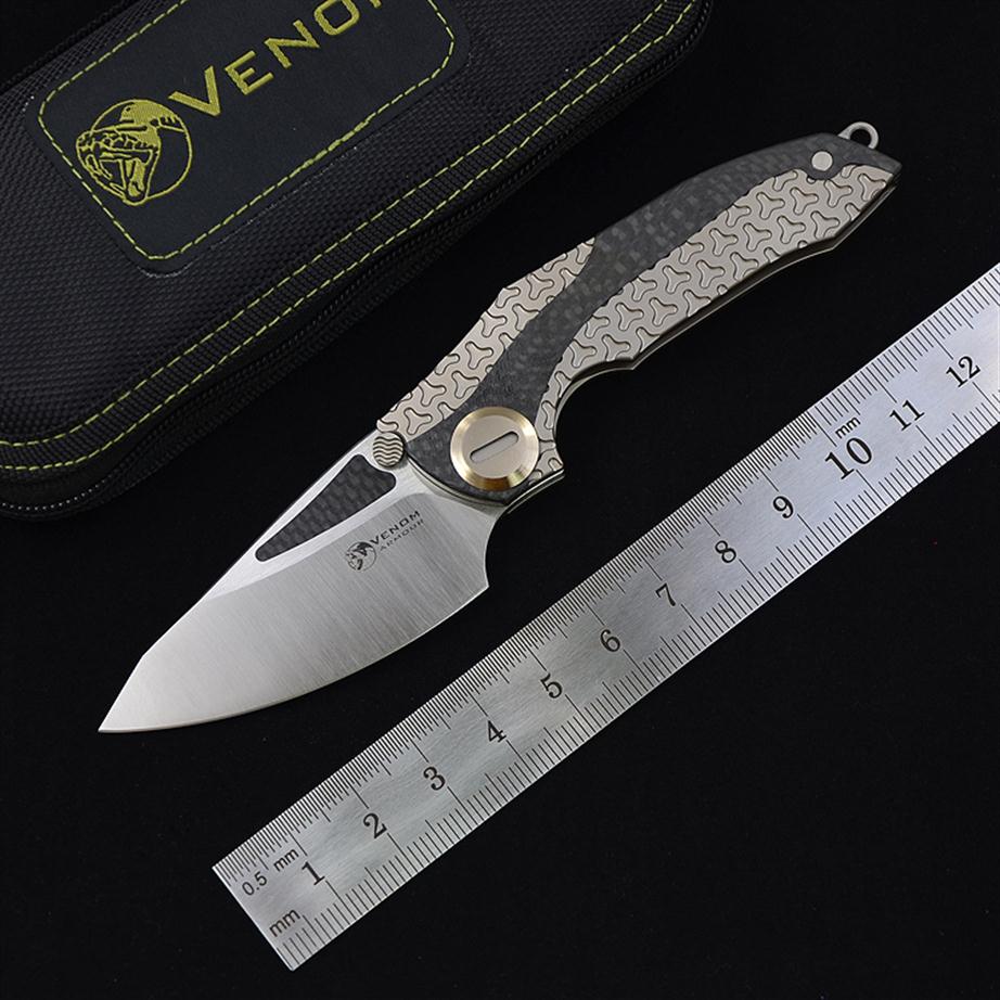 

kevin John VENOM armor Knives M390 Steel folding Blade hunting pocket survival knife titanium and Carbon fiber handle with sheath 308G