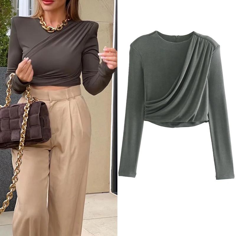 

Women's Blouses & Shirts Pleated Crop Top Women Vintage Black Velvet Woman 2022 Ruched Shoulder Pad Long Sleeve Blouse Female Elegant, White