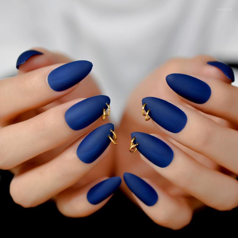 

False Nails Designed Almond Deep Blue Medium Nail Gold Ring Decoration Pre-designed Perforate Matte Tips Prud22, L5047