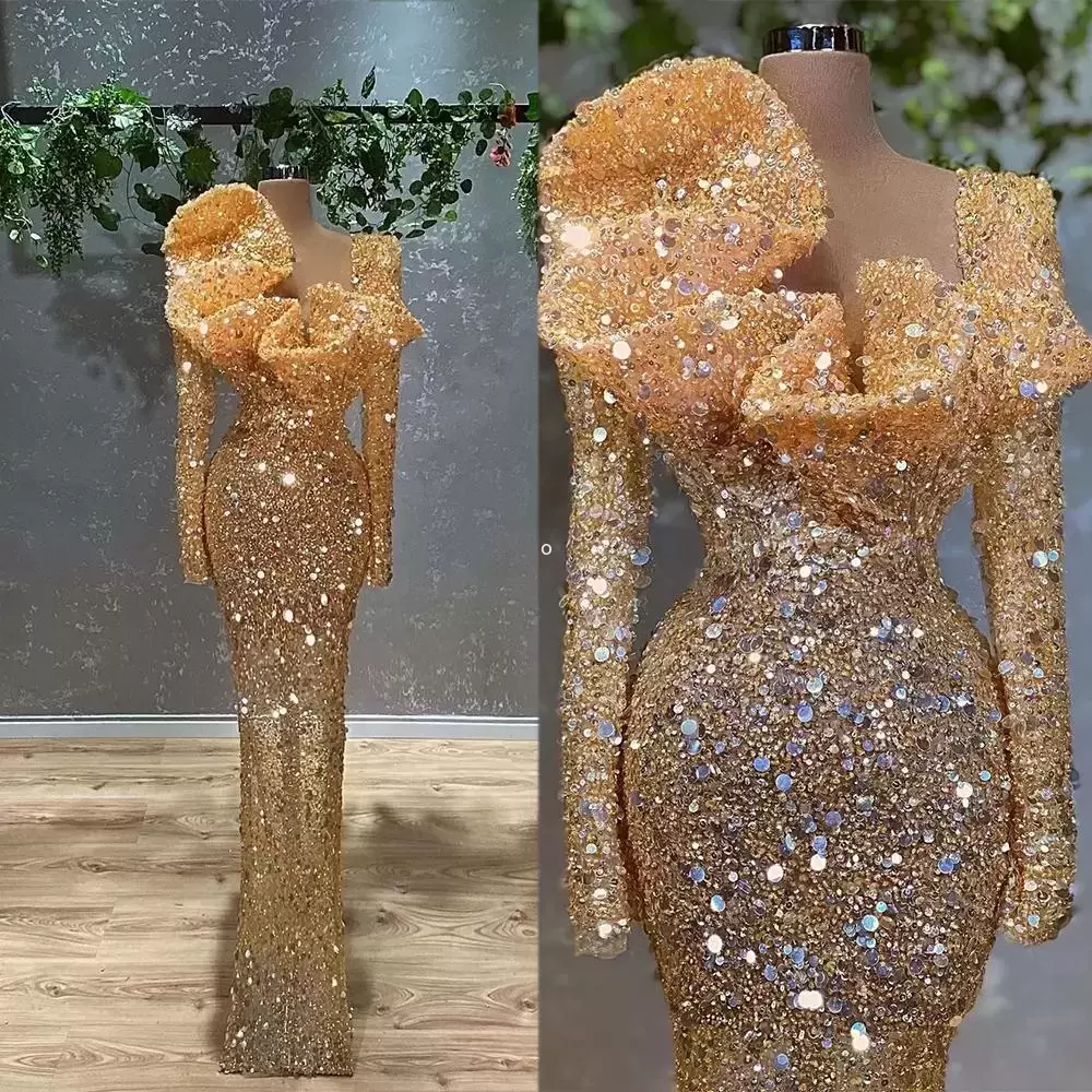 Designer Sequins Evening Dresses Beaded Crystals Ruffles Mermaid Long Sleeves Custom Made Plus Size Prom Party Gown Formal Occasion Wear vestidos
