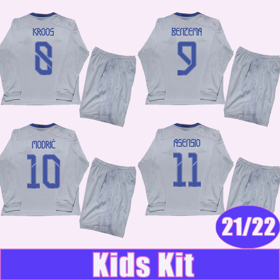 

21 22 HAZARD ASENSIO MODRIC Long Sleeves Kids Kit Soccer Jerseys SERGIO RAMOS BENZEMA ISCO KROOS MARIANO MARCELO Home Away 3rd Football Shirt, Tz4656 21 22 home no socks