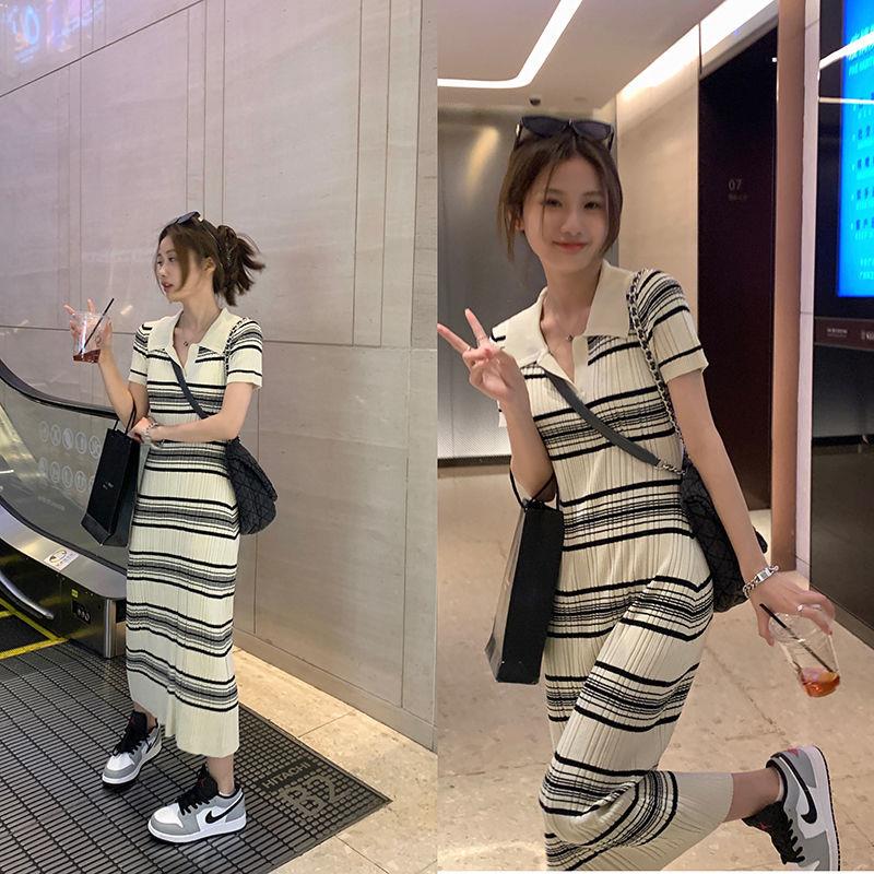

Womens All-match Striped Polo Collar Skirts Knitted Dress Feminine Temperament Slim Vertical Pit Strip Short-sleeved Long Skirt, 01