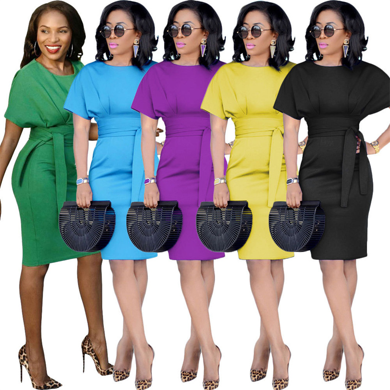 

Women Office Dress Short Sleeve Female Robe Bandage Belt Pencil Dresses, Green