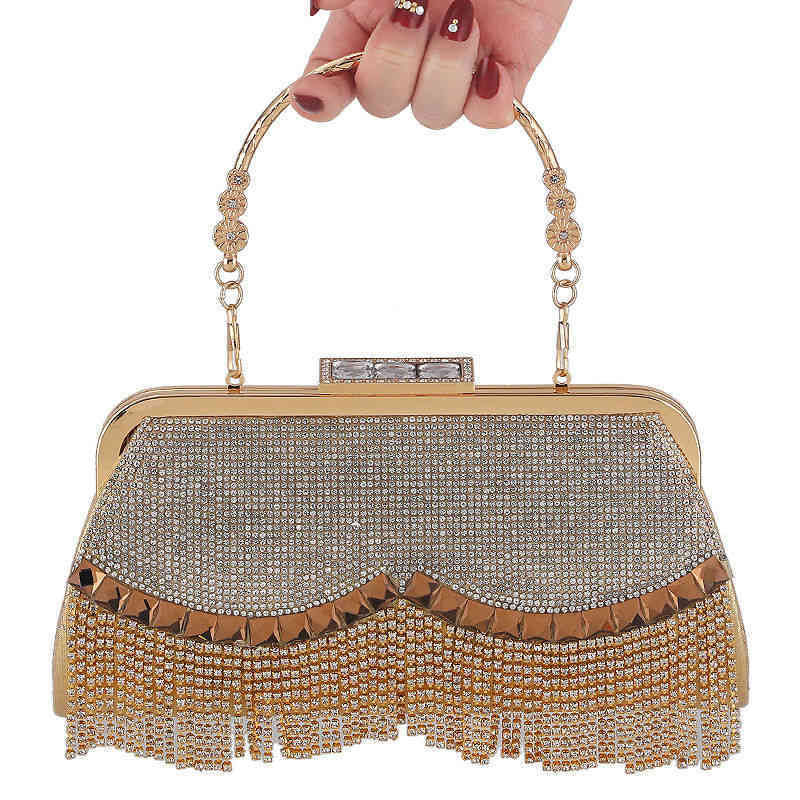 

Designer Fashion Cc Even Bag Woman Banquet New Diamond Fringed Banquet Evening Suit Versatile Messenger Celebrity Hand Dress Cheongsam Bag, Gold