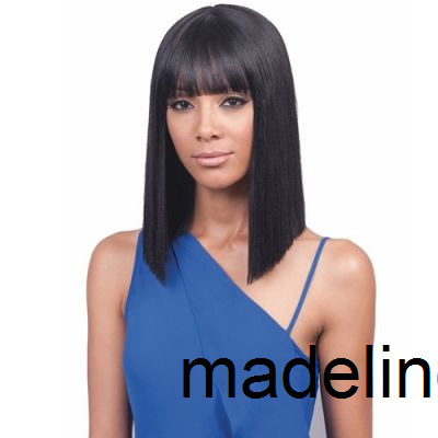 

the hairstyle brazilian hair African Ameri Simulation Human Hair shoulder length Silky Straight full Wig with bangs QWAX, Black