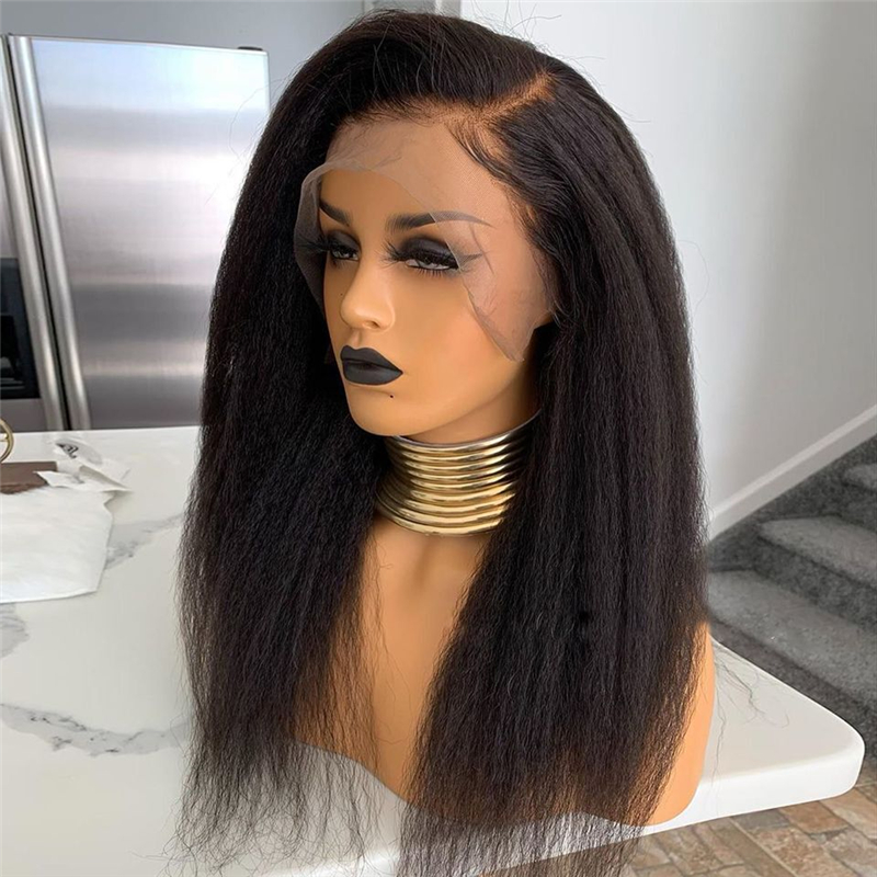 

13x4 Kinky Straight Lace Frontal Human Hair Wig Yaki Straight Synthetic Lace Front Wigs With Natural Hairline for Women, Black