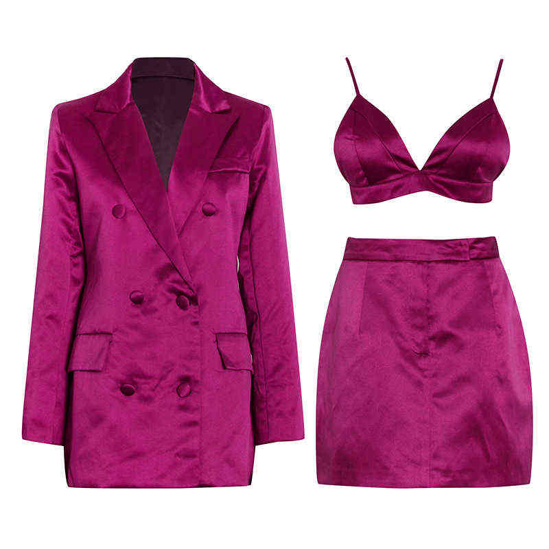 

3 Pcs Sets Skirt Blazer Suits 2021 Summer New Sexy Rose Purple Three Piece DoubleBreasted Suit Shirt Short Skirt Jacket Suit J220813, Red set
