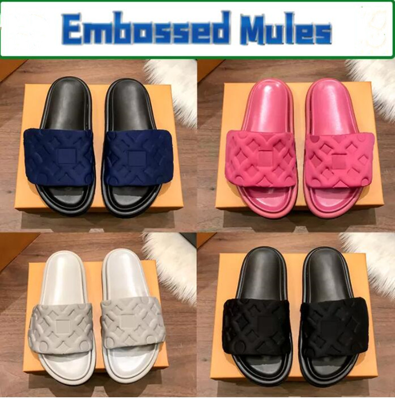 

Pool Pillow flat Slippers Comfort Embossed Mules designer sandal men women sandals luxury shoes copper triple black pink ivory deep blue beige summer slides, ##1