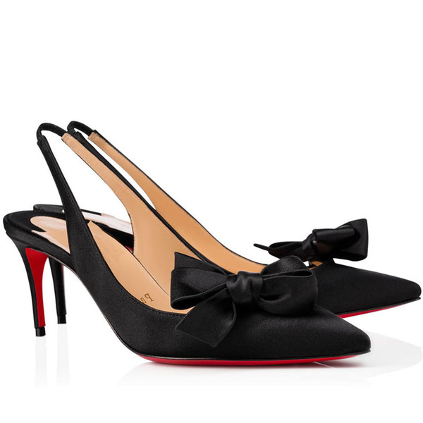 

Name Brand SpringSummer Ladies Sandals Slingback Low Heels Red Bottoms Pointed Toe Pumps Yasling Crepe Satin Red soles heel women Shoes fre