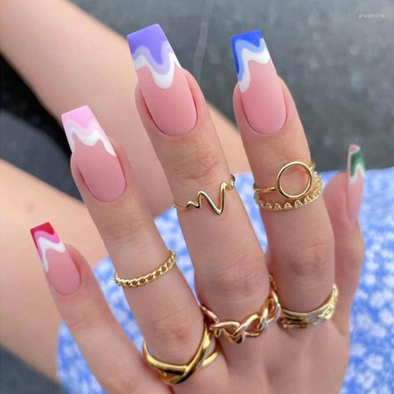 

False Nails European Matte Design Fake Colorful Wave Press On Coffin Ballet Wearable Full Cover Long Manicure Salon DIY Art Prud22, Jelly glue model