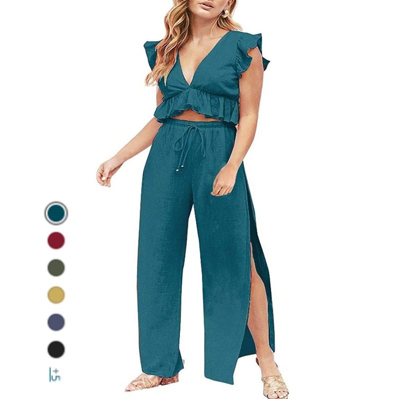 

Women's Two Piece Pants Womens 2 Pieces Outfits Deep V Neck Crop Top Side Slit Drawstring Wide Leg Set JumpsuitsWomen's, Beige