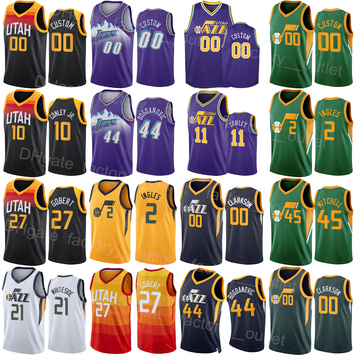 Maillot de basket-ball sérigraphié Rudy Gobert 27 Donovan Mitchell 45 Mike Conley 10 Bojan Bogdanovic 44 Clarkson 00 Joe Ingles 2 Danuel House Jr