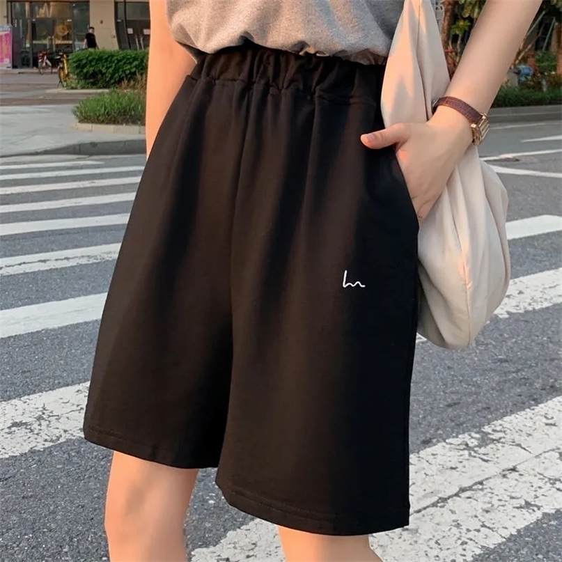 

Summer Women Fivepoint Pants Sweet Casual Harajuku Cotton Sports Loose Thin Wideleg Pattern Printing Elastic Girls Shorts 220527, Black