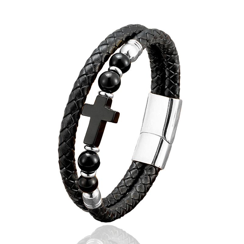 

Charm Bracelets Natural Stone Cross Men's Jewelry Stainless Steel Buckle Genuine Leather Bracelet Multicolor Personality HommeCharm