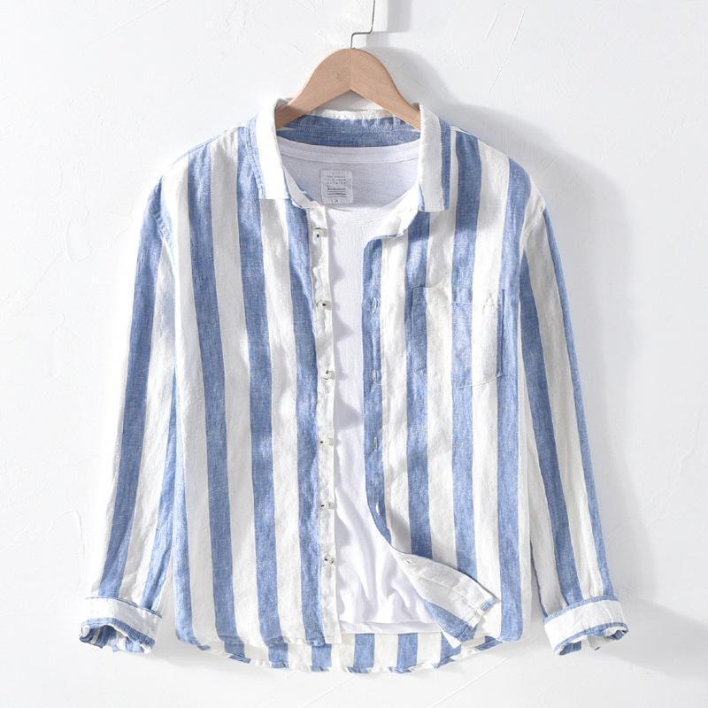 

Men's Casual Shirts 1901 Men Spring Fall Fashion Brand Linen Long Sleeve Nave Blue Strip Patchwork Turn Down Collar Classical Male Chic Shir, 1901 grey