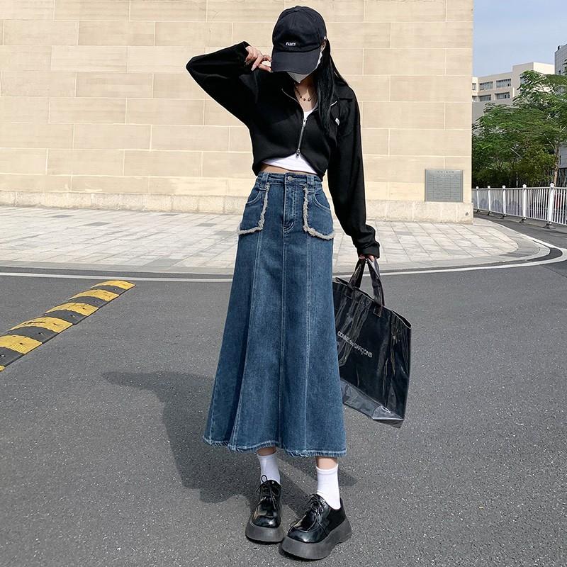 

Skirts GUUZYUVIZ Vintage Washed Fishtail Denim Long For Women High Waist, Vintage blue