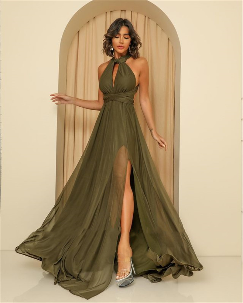 

Dlass Stor Olive Green Chiffon Long Prom Dresses Pageant Jewel Neck Side Slit Criss Cross Simple Evening Gowns Women Formal Party Dress, Silver