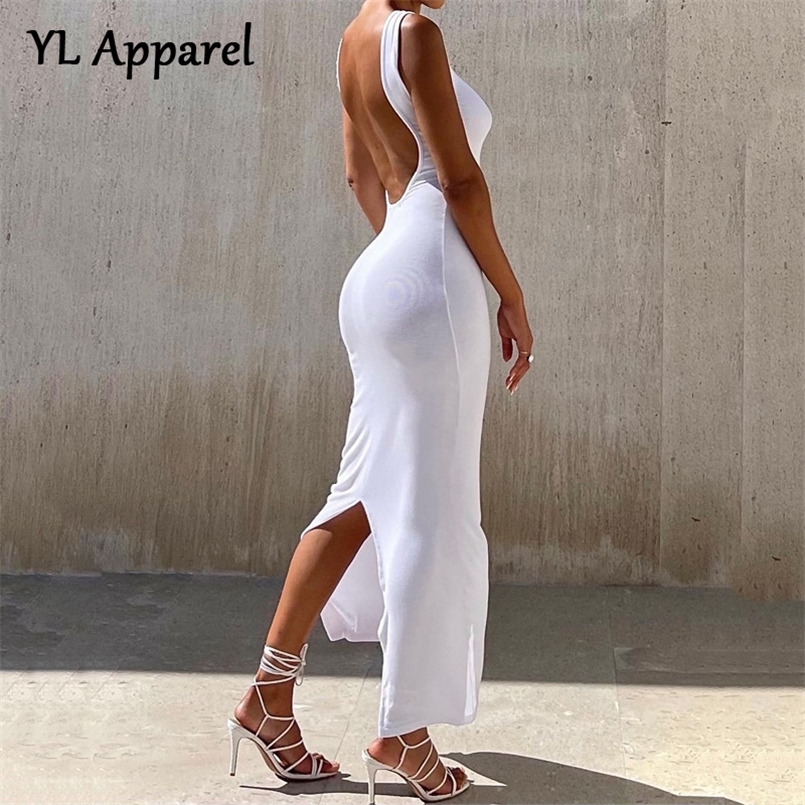 Mode Sexy col rond dos nu longues Maxi robes de soirée femmes évider sans manches fendu moulante robe de soirée pour l'année 220601
