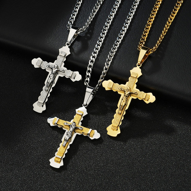 

Silver/Gold Color Cross Religious Pendant Necklace Men Jesus Christ Necklace with Chain Stainless Steel Jewelry