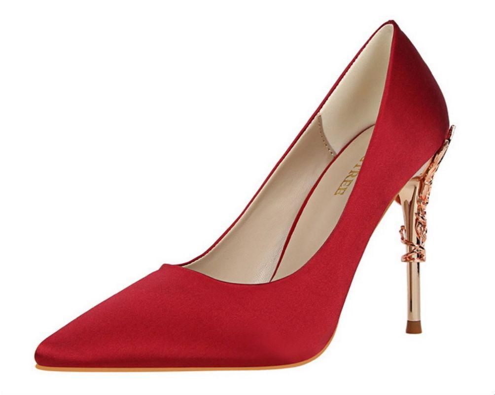 

Dress Shoes Metal Carved Thin Heel High Heels Pumps Women 2022 Ladies Fashion Korean Satin Style Pointed Toe Sexy Wedding Shoe Slip On, Yellow