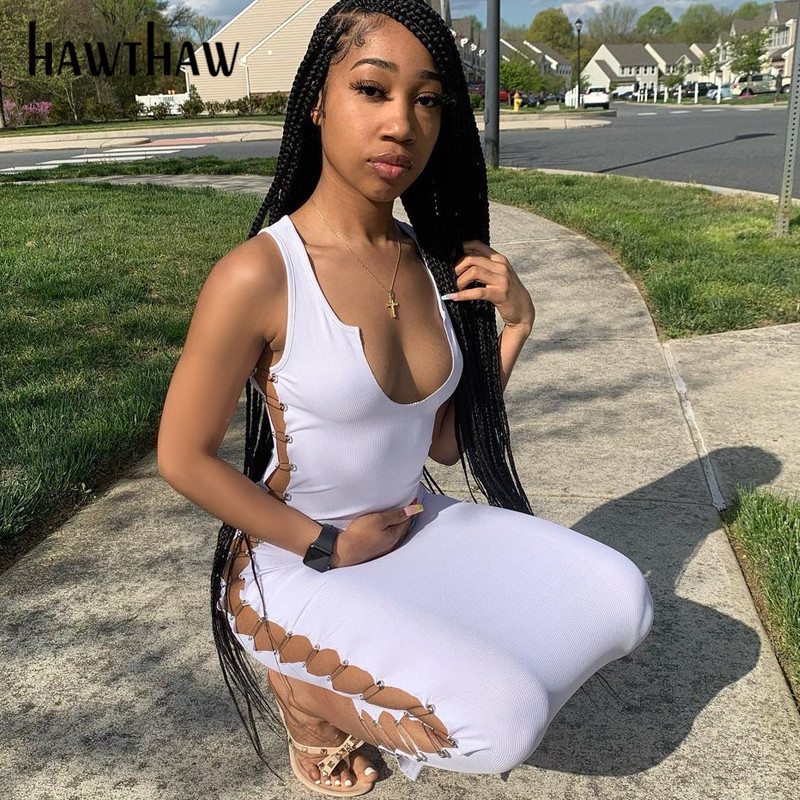 

Hawthaw Women Summer Sleeveless V Neck Hollow Out Soild Color Bodycon Pencil Dress Sundress 2021 Female Clothing Streetwear, Black