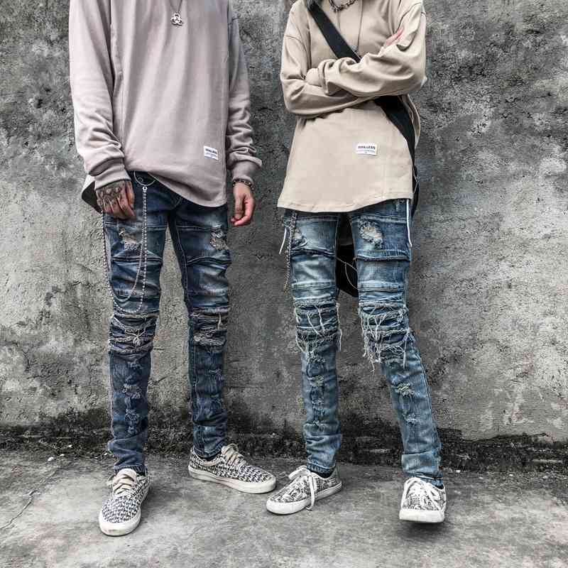 

Gaojie Guochao washed hole tight jeans men's fashion brand old hip hop SLIM STRAIGHT PANTS LEGGINGS spring and Autumn, Retro blue