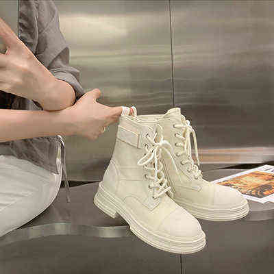 

Winter 2022 new West girls super fiber round head lace up thick soled short female Martin boots thin boots, Pale apricot