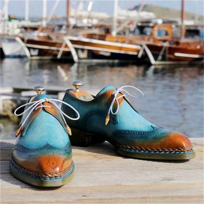 

Men Brogue Shoes PU Color Blocking Business Casual Wedding Party Hollow Carved Wing Tip Lace Up Fashion Dress Shoes CP036, Clear