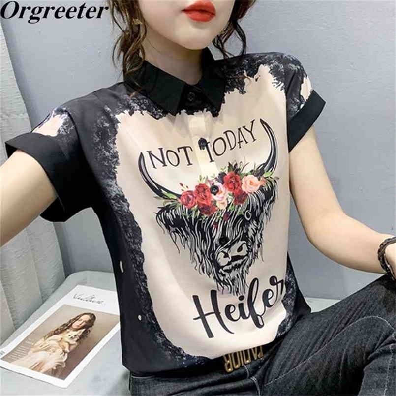 

Summer Printted Women' Chiffon Shirts Short Sleeve Tops Hig Quality Elegant Ladies Casual Plus Size Loose Mujer 210602, Picture color v