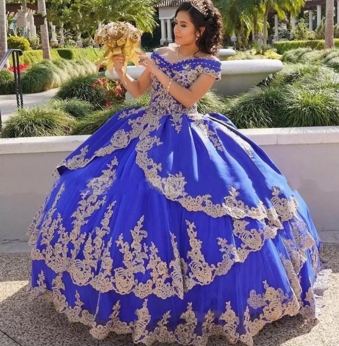 

2022 Royal Blue Gold Applique Quinceanera Dresses Ball Gown Puffy Off The Shoulder For Women Lace-up Sweet 16 Prom Girls B0726, White