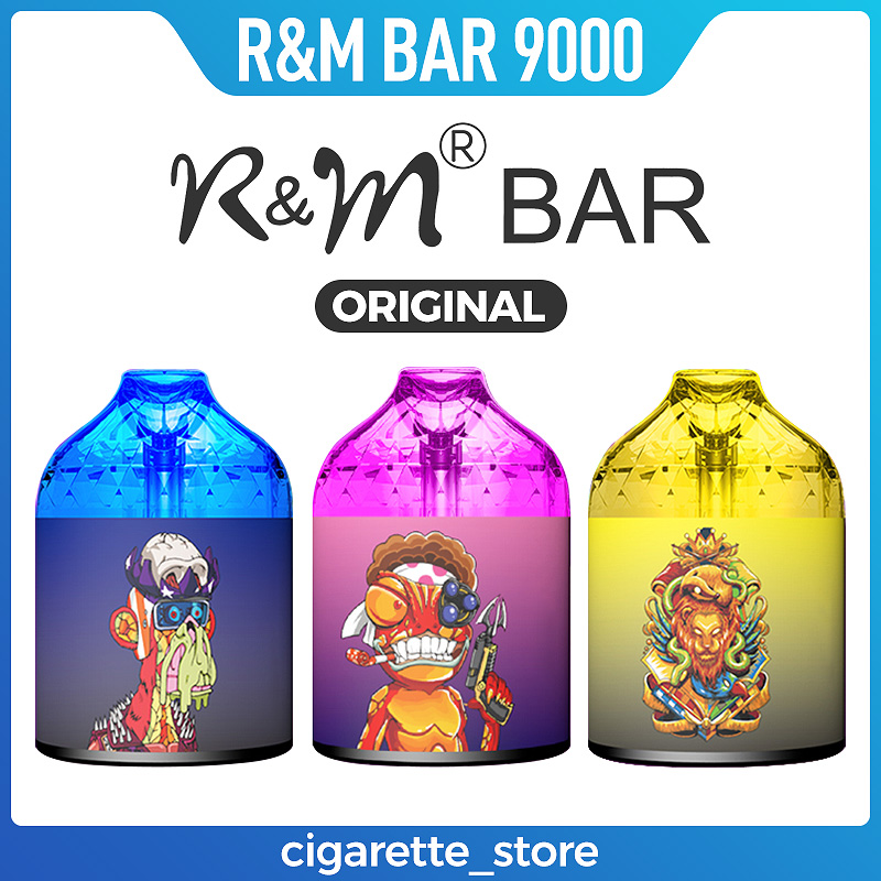 

Original R&M Bar 9000Puffs Disposable E cigarette Vape Pen 15ml Prefilled 7Colors LED Light 2% 5% Cartridge Pod Device Mesh coil Rechargeable Airflow Control vapes