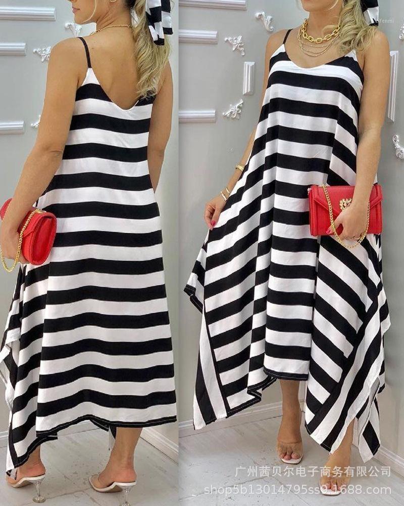 

Casual Dresses Summer Women' Sleeveless Black And White V-neck Thin Strap Dress Striped Long Knitted
