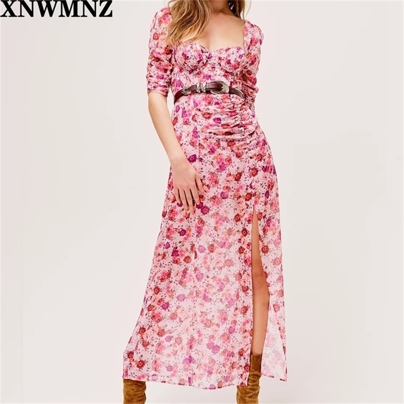 

Whisper weight autumn floral print chiffon maxi dress feminine Fitted bodice buttons along thigh high slit draped Puff Sleeves 210520, Multi