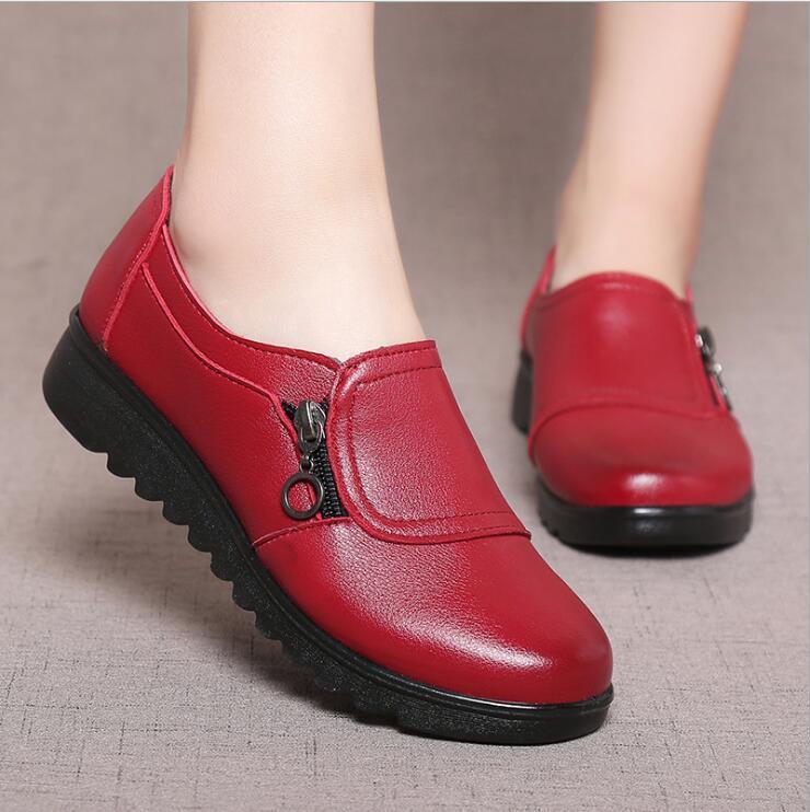 

Fashion Soft Leather Round head Women Casual Flats Ladies Side Zipper Flat Ox Mother single Shoes 220613, Black