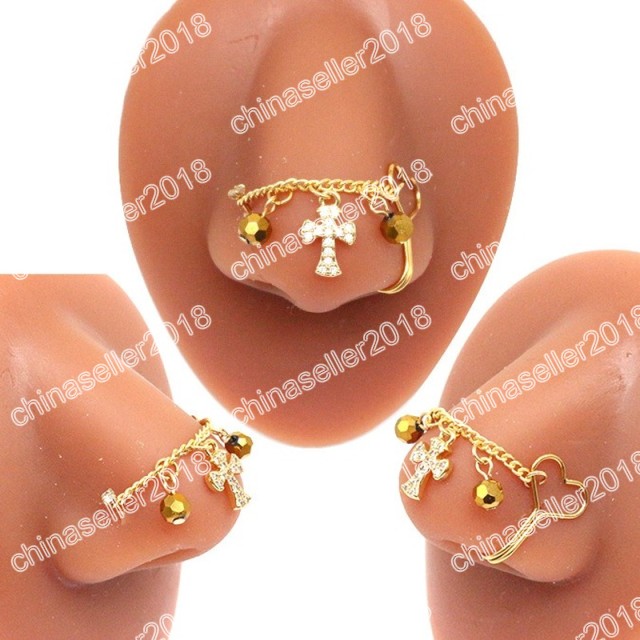 

New Design Cross Chain Nose Ring Bulk for Women Heart Shaped Piercing Nose Bridge with Chain Jewelry