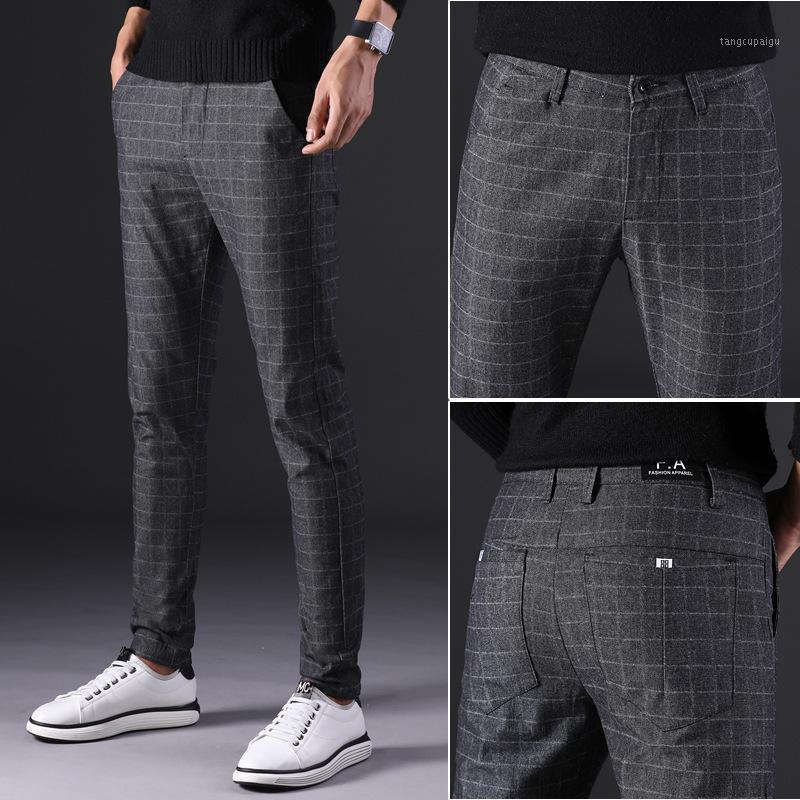 

Men's Pants Straight Loose Casual Trousers Large Size Cotton Fashion Business Suit Plaid Brown Grey, Gray