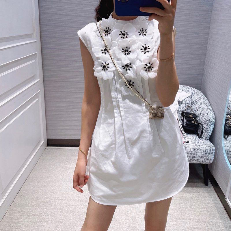 

2022 Runway Designer Runway Dresses Solid Pure Color Sleeveless O-neck Cotton Dress Hand Made Flower Women's High Waist A-line Ladies, White