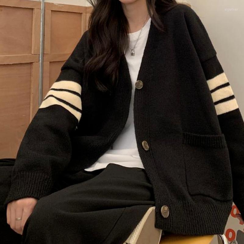 

Women' Knits & Tees Deeptown Korean Style Striped Oversize Black Sweater Cardigan Women Punk Harajuku Basic Soild Long Sleeve Jumper Female