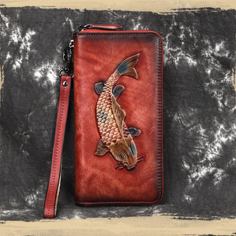 

Wallets Luufan High Quality Female Engraving Embossing Leather Long Purse Featured Genuine Wallet Red Black Brown For GirlsWallets, Red 2