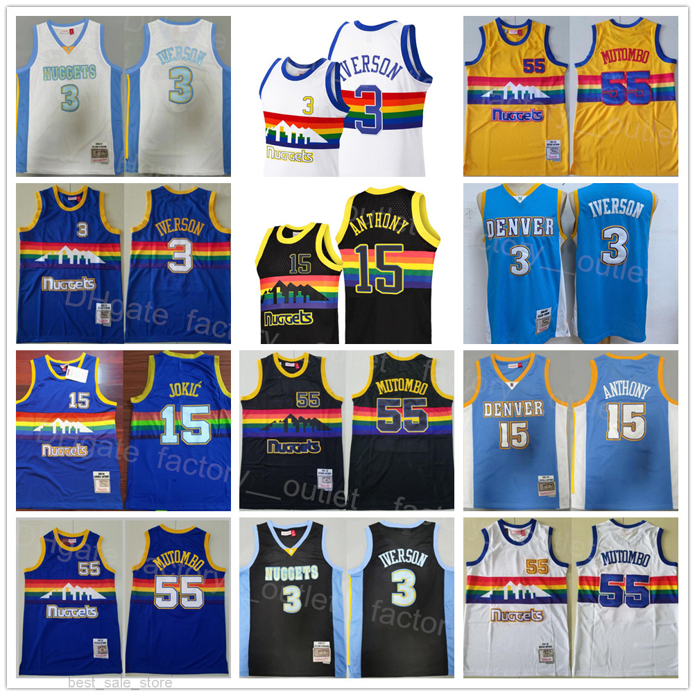 Mitchell and Ness Basketball Retro Dikembe Mutombo Jersey 55 Carmelo 15 Allen Iverson 3 Black Blue White Yellow Team Color Embroidery And