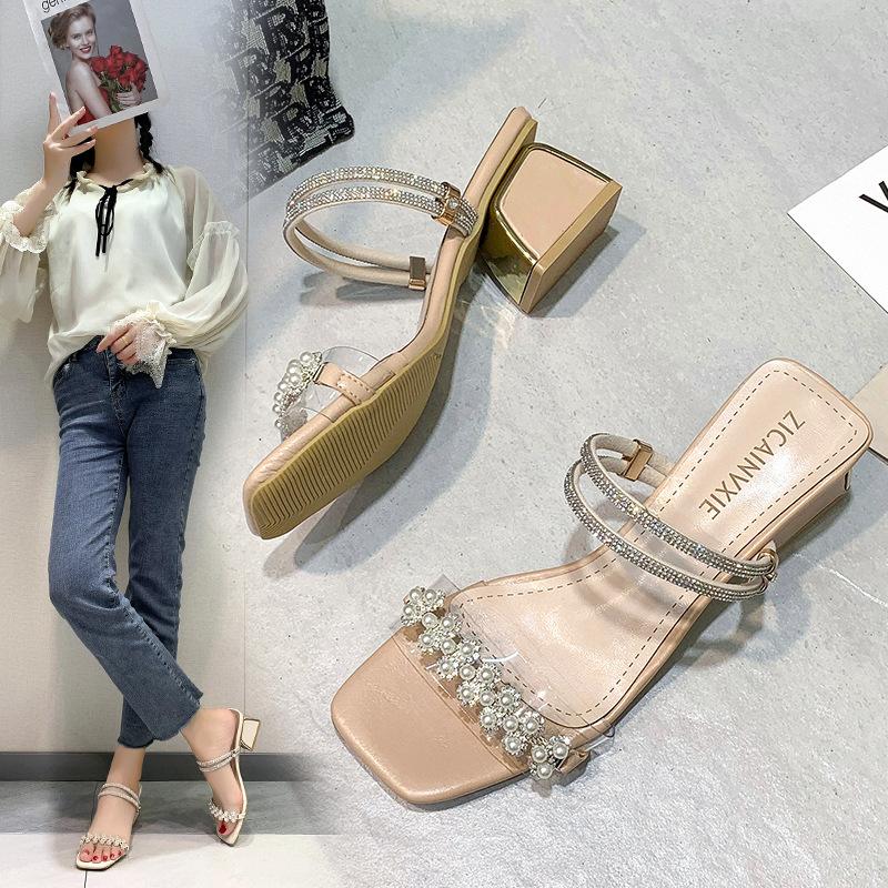

Sandals Sandal Lady 2022 Summer Fashion High-heeled Women's Shoes Transparent Fairy Style Pearl Thick Heel Two Wearing, Green