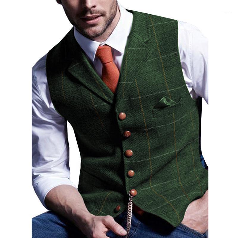 Men's Vests Plaid Vest Tweed Wool Waistcoat Slim Fit Lapel Suit Casual Groomsmen Green/Brown/Black
