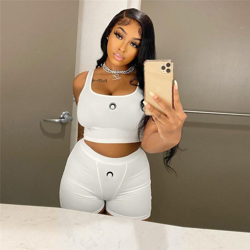 

Women' Tracksuits Summer Knitted Two Piece Matching Set Sportswear White Sleeveless Sexy Crop Top And Mini Shorts Casual Women Outfits Stre