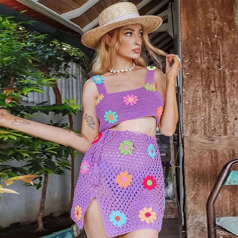 Two Piece Dress Daisy Flower Crochet Women Sets Summer Boho Beach Vacation Knitted Outfits Cropped Top Mini Skirt FemaleTwo-image-788337667