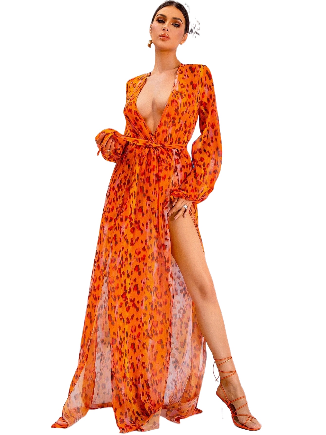 

love&lemonade Leopard Plunging Neck Lantern Sleeve Wrap Hem Belted Dress C3Pj#, Multicolor