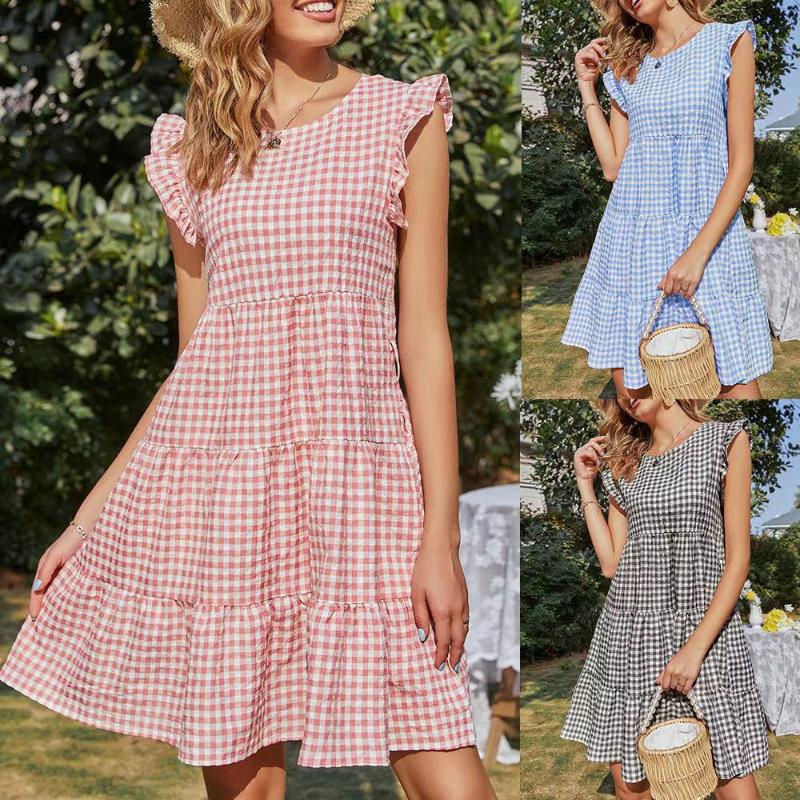 

Party Dresses Summer Dress Woman Plaid Round Neck Flying Fold Stitching Sleeve Ladies For Women 2022 Robe Femme Vestidos, Black